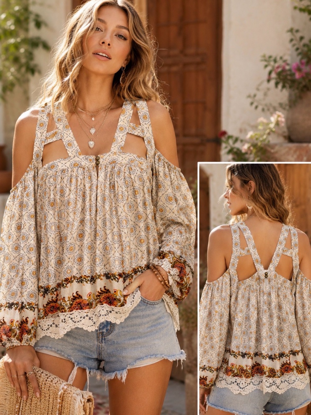 Taylor & Sage Cream Floral Cold-Shoulder Peasant Blouse